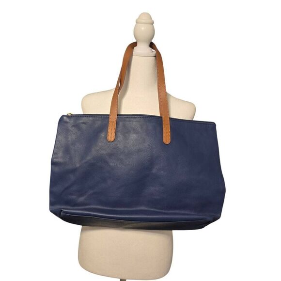 Joy Mangano Womens Navy/Brown Leather Pebbled Large Tote Bag - Picture 2 of 8